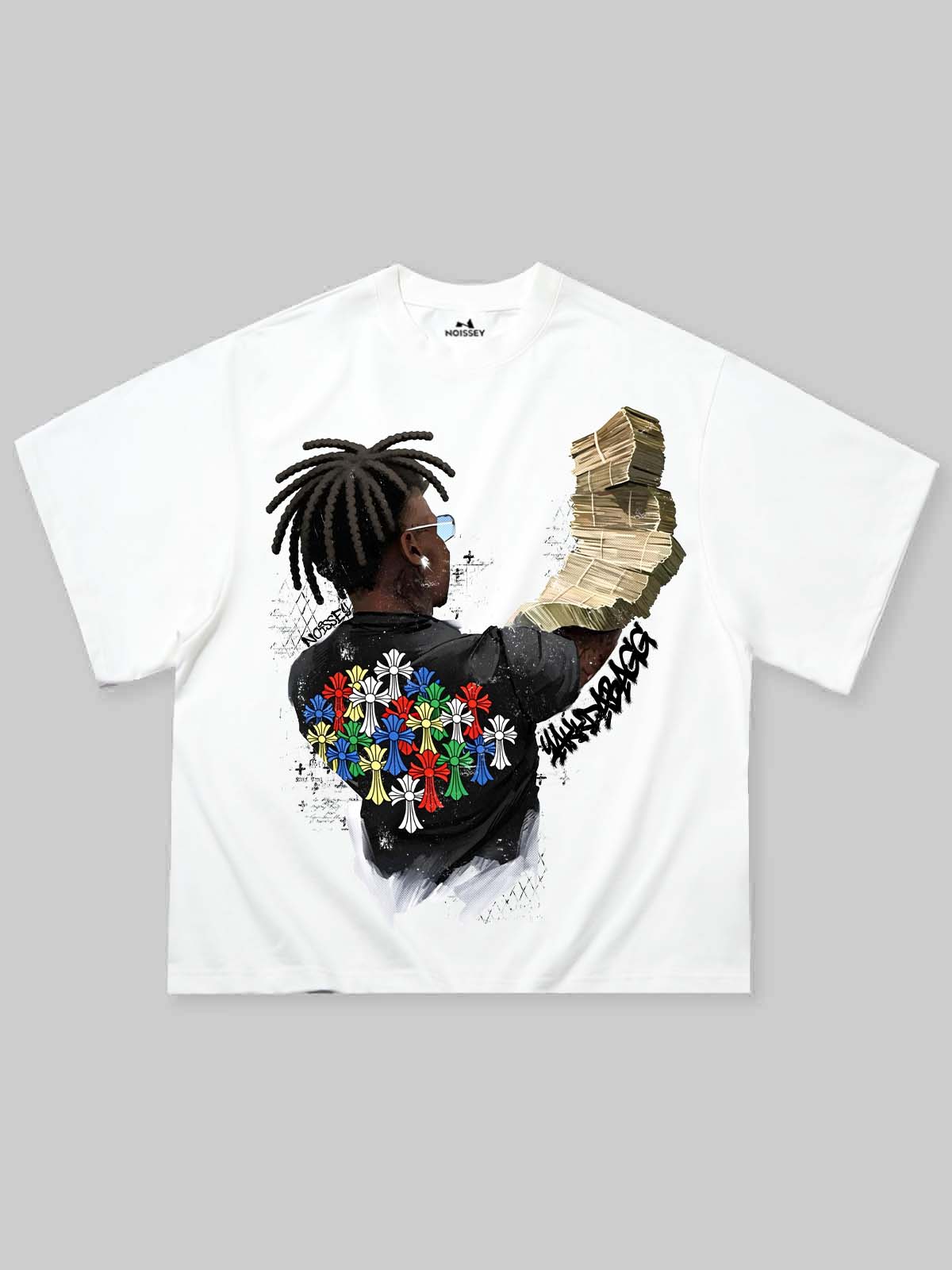 Front view of a white heavyweight oversized T-shirt featuring a large graphic of a man with dreadlocks holding a massive stack of money and wearing a shirt with colorful crosses.