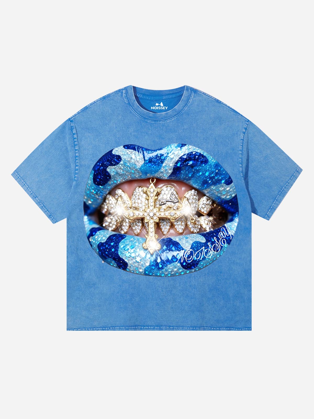Front view of the Noissey Blue Grillz T-Shirt featuring a large graphic of diamond grillz and blue camo lips on an acid-wash blue tee.