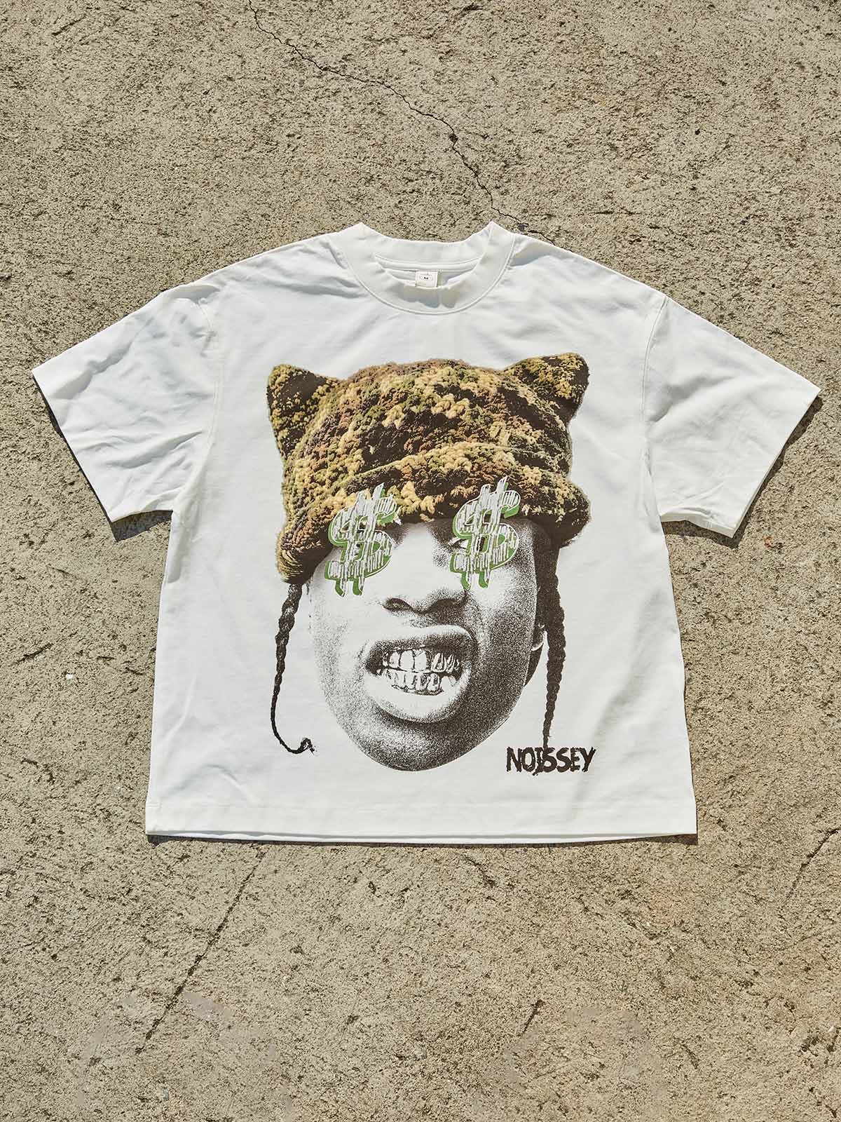 Front view of the white streetwear t-shirt showcasing the vibrant green and camo graphic print.