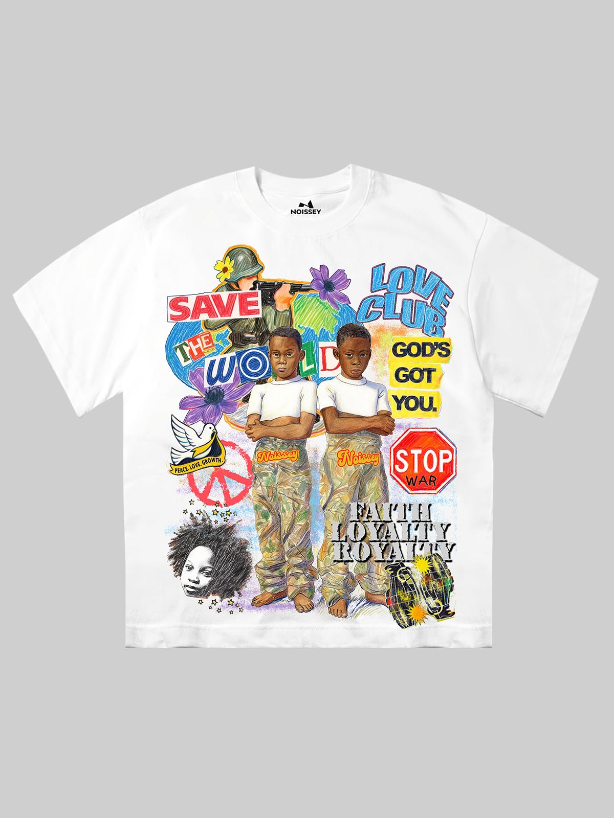 Front view of white NOISSEY T-shirt with a complex "Stop War" and "Save the World" graffiti collage print.
