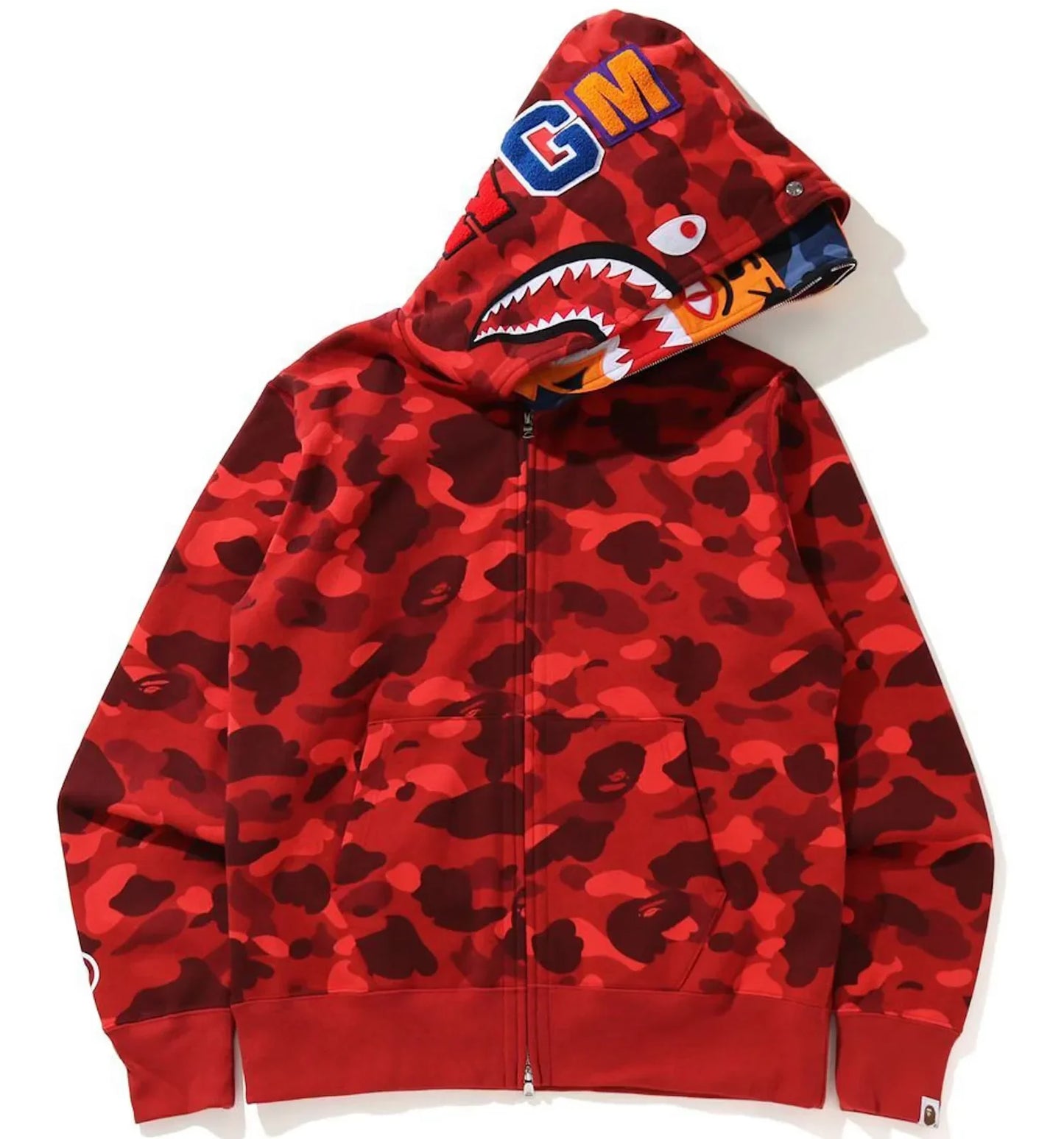 BAPE Sweat à capuche zippé intégral en camouflage coloré requin rouge