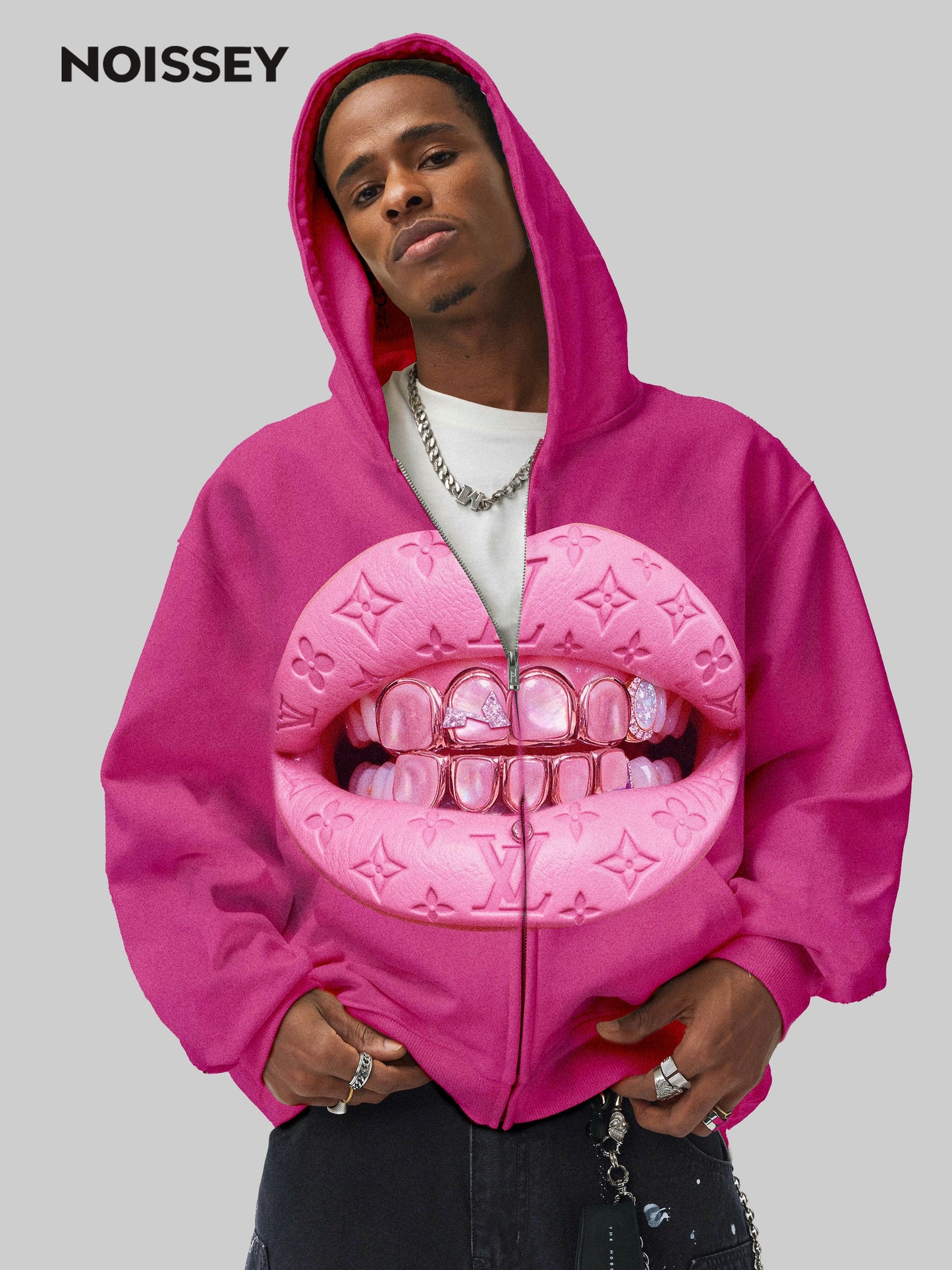 Leather Cat's Eye Grillz Print Pink Warm Hoodie