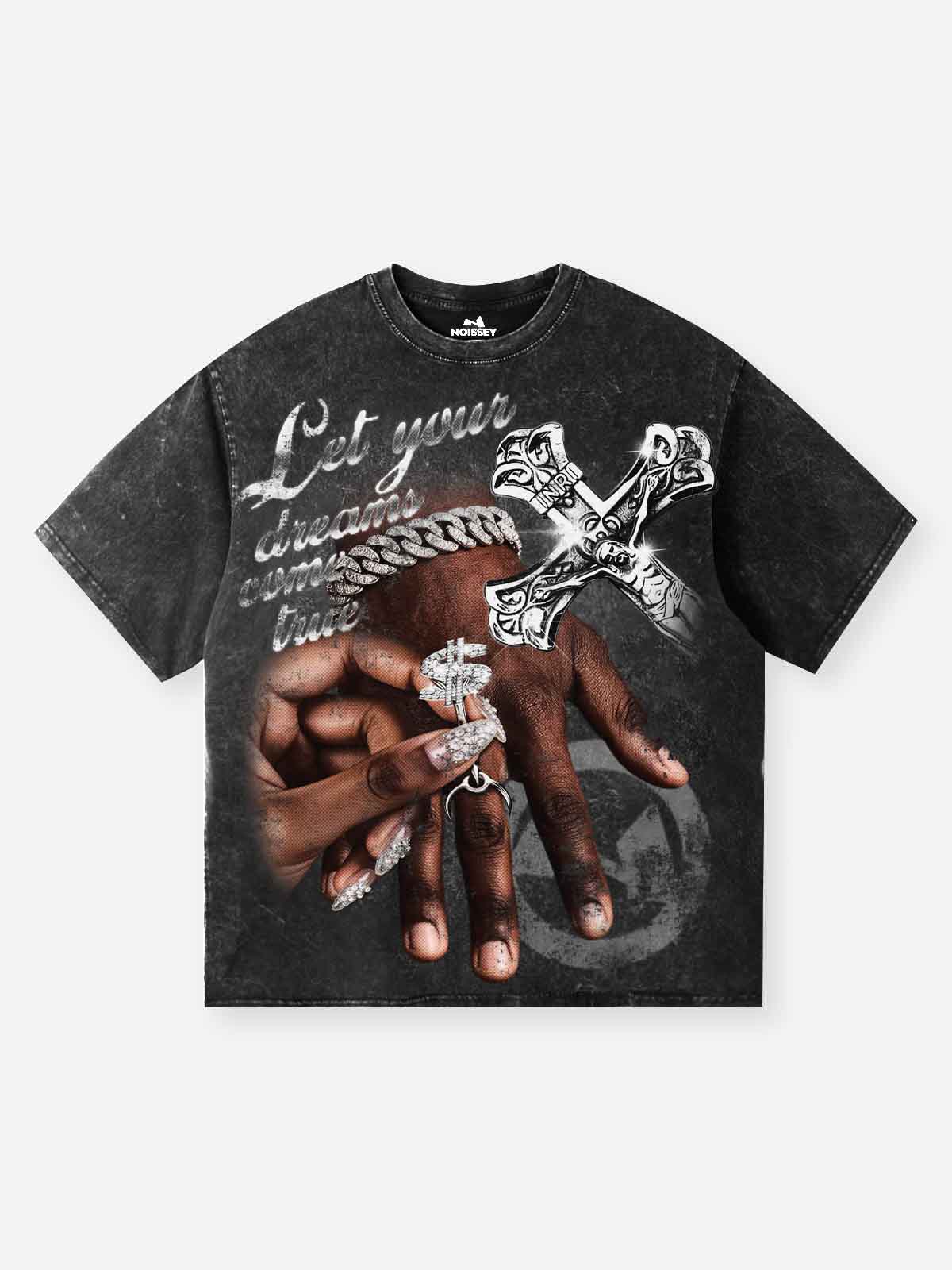 NOISSEY "True Dreams" Shimmering Crucifix & Dollar Ring Vintage Washed Tee