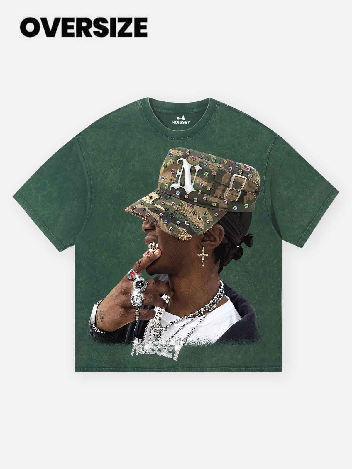 Camo Military Cap Character Green Washed Print T-shirt