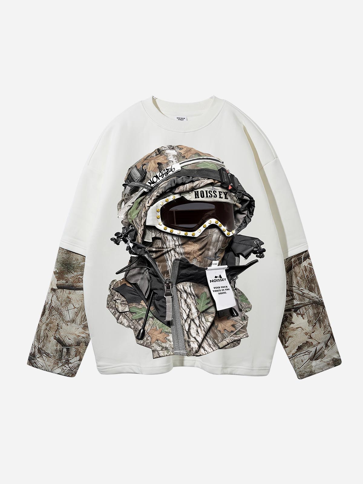 NOISSEY luxury streetwear long sleeve shirt with a large balaclava and goggles graphic on a Real Tree camouflage background.