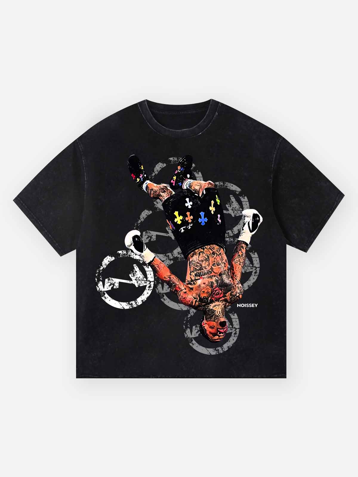 NOISSEY vintage wash black tee featuring upside down tattooed fighter graphic