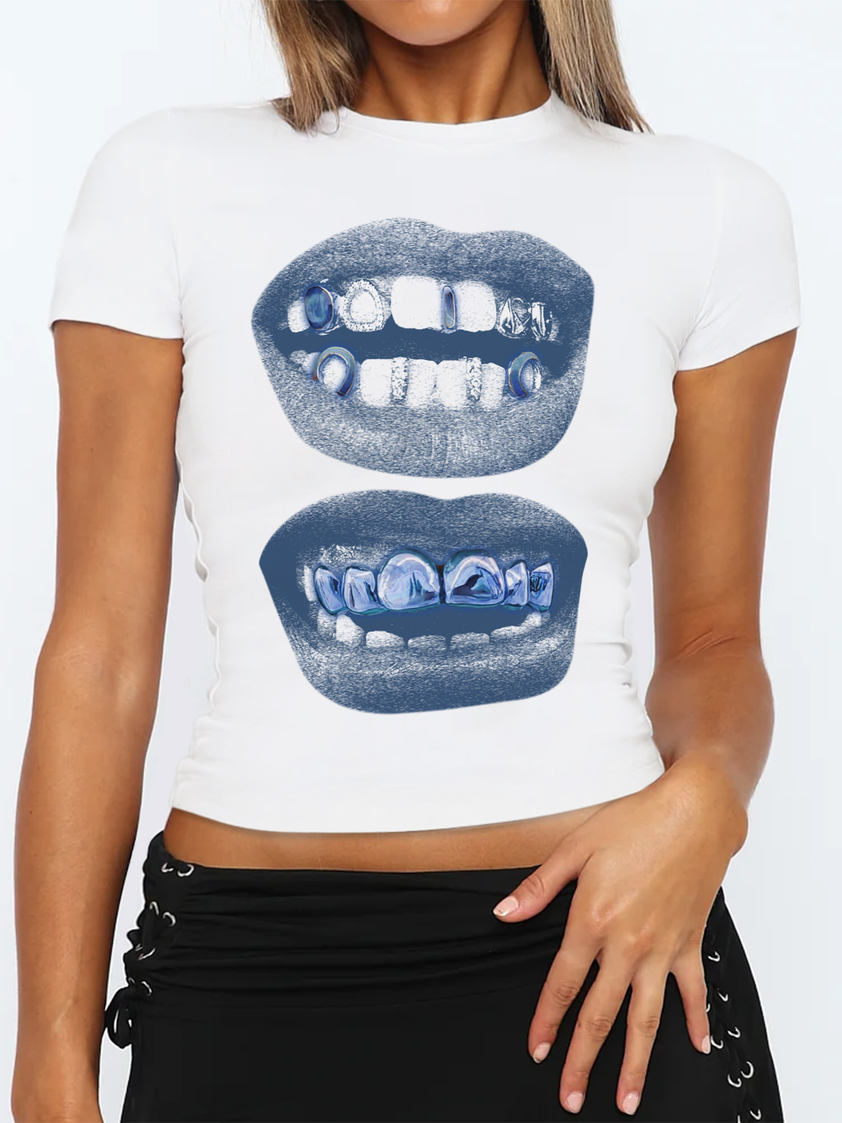 Retro Blue Lips Grills Print baby Tee