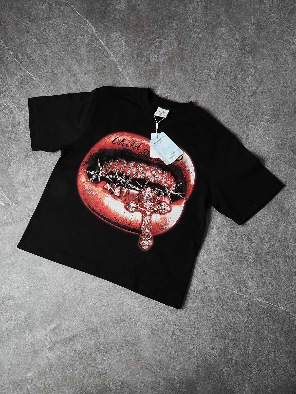 Studio layout of the 280GSM cotton tee highlighting the intense red-to-white gradient of the "Child of God" script and the premium phantom black wash.
