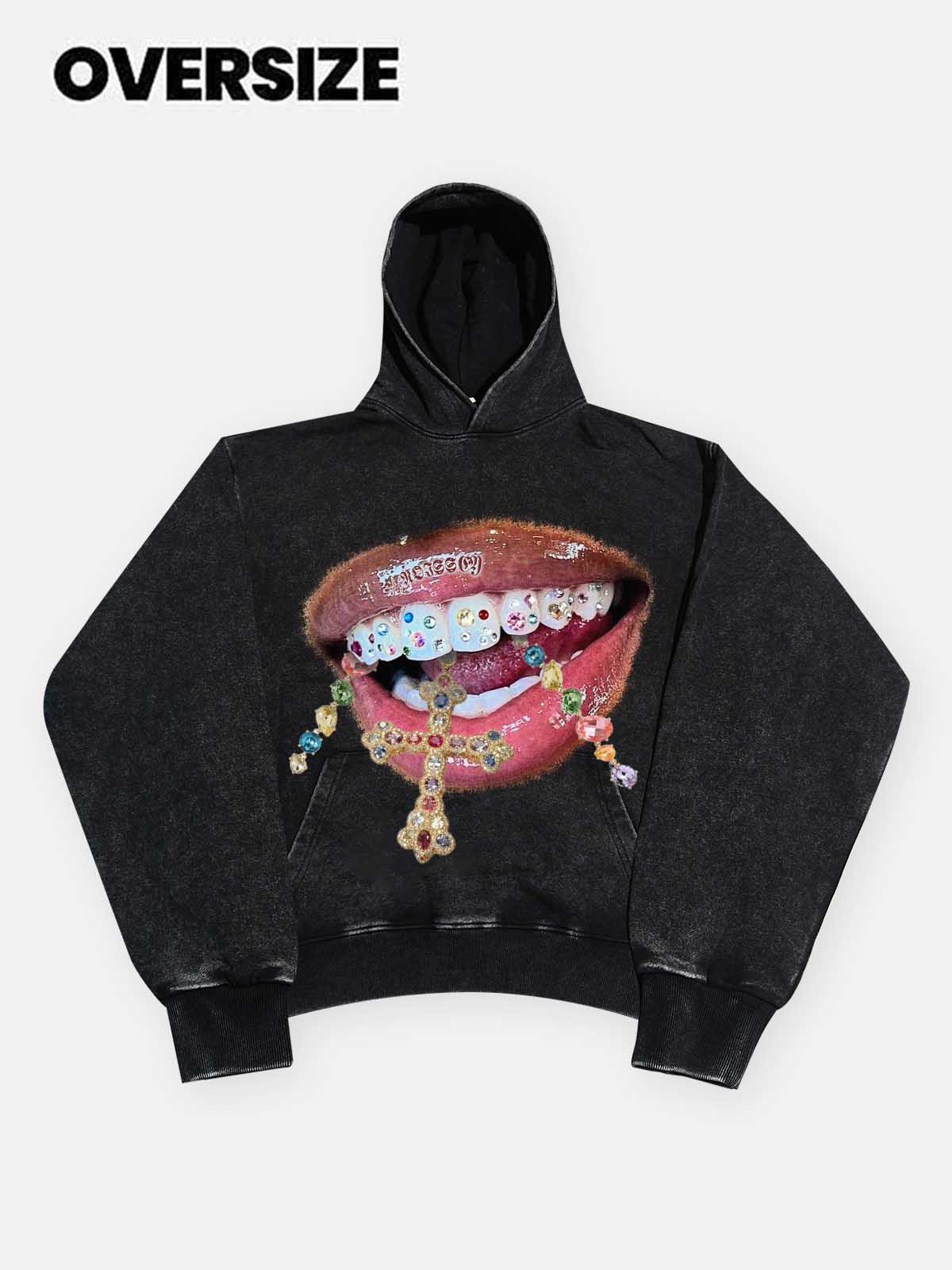 High quality Diamond Teeth Cross Print 425g Washed Hoodie
