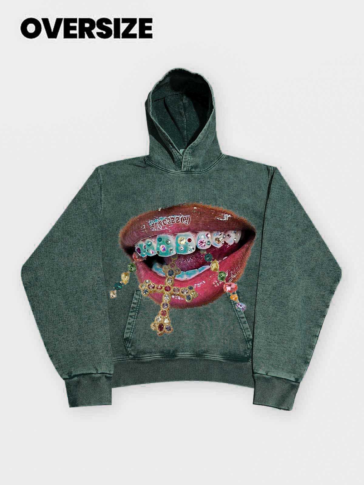 High quality Diamond Teeth Cross Print 425g Washed Hoodie