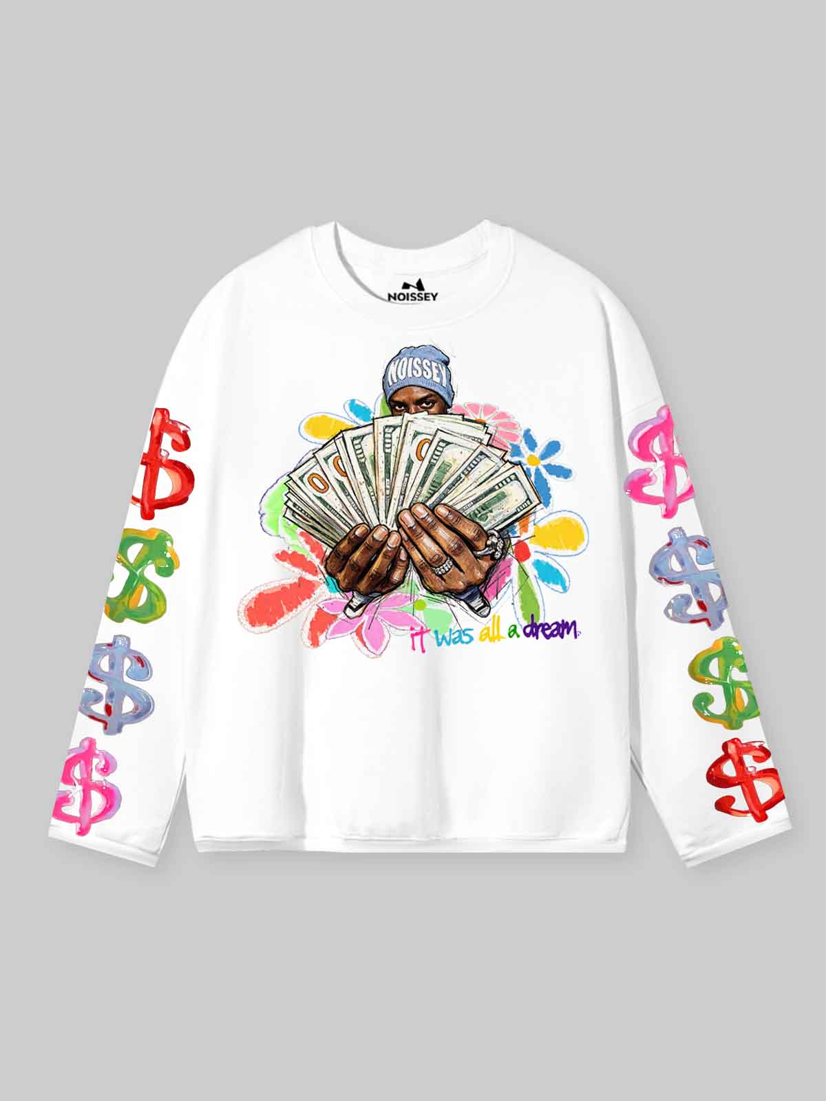 NOISSEY "It Was All A Dream" Hand-Drawn Cash Portrait & Graffiti Flowers Long Sleeve Tee Two Colors
