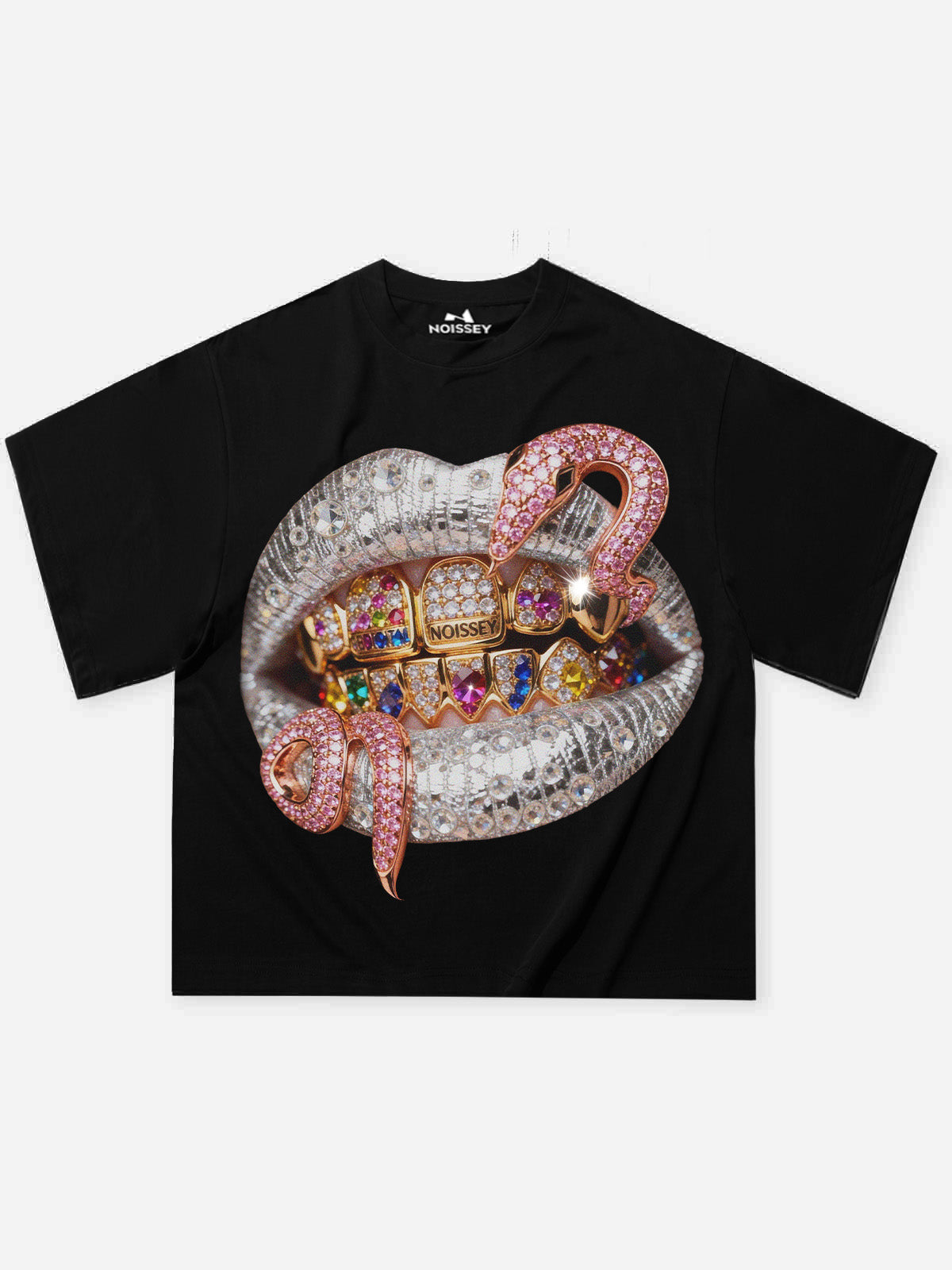 NOISSEY "Pink Snake" Black Tee - Boxy Lips Graphic T-Shirt