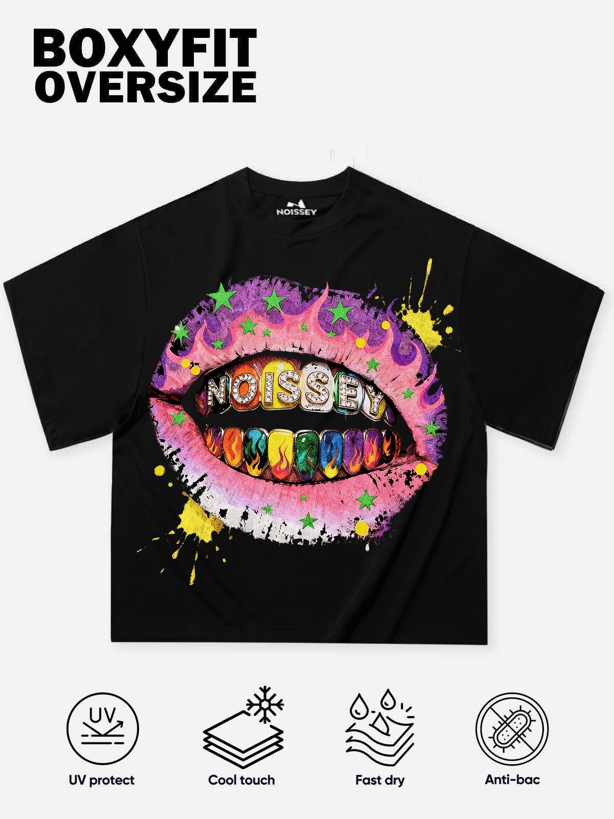NOISSEY "Rainbow Flame Lips" Tee - Jet Black Boxy Street Graffiti T-Shirt