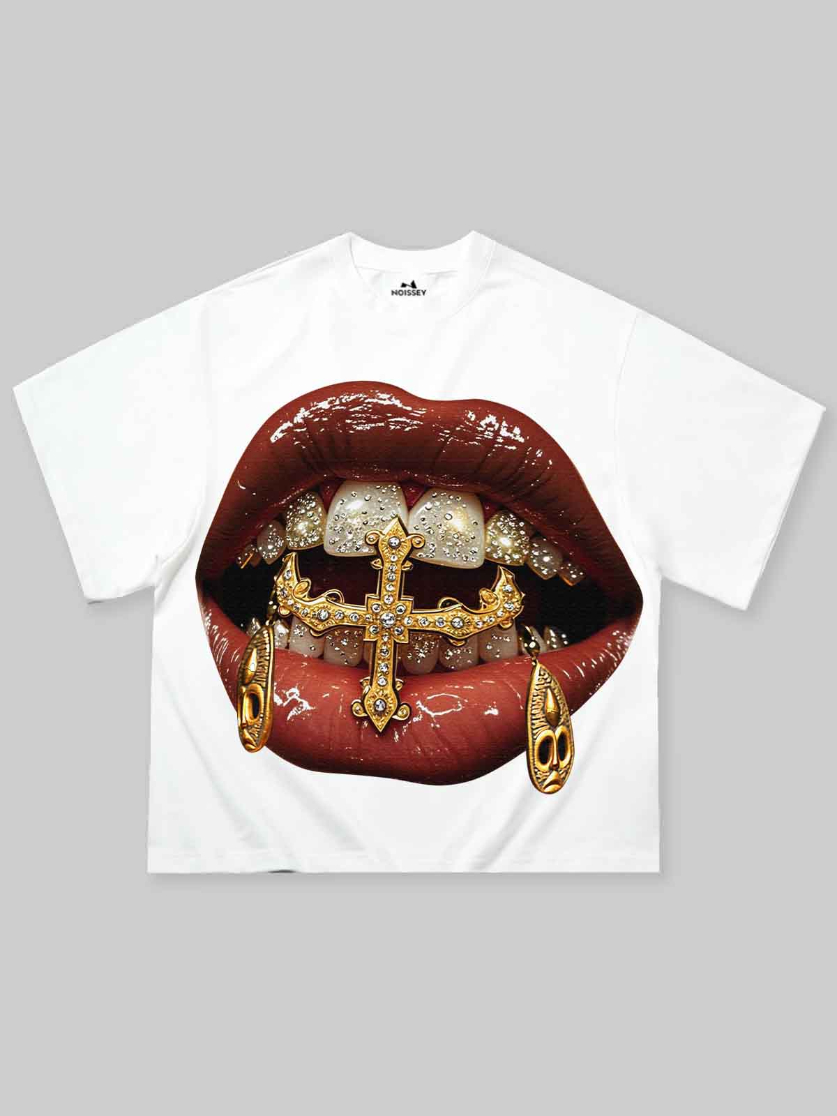Boxy Oversized T-shirt Gold Diamond Ring and Mask Culture Lip Print