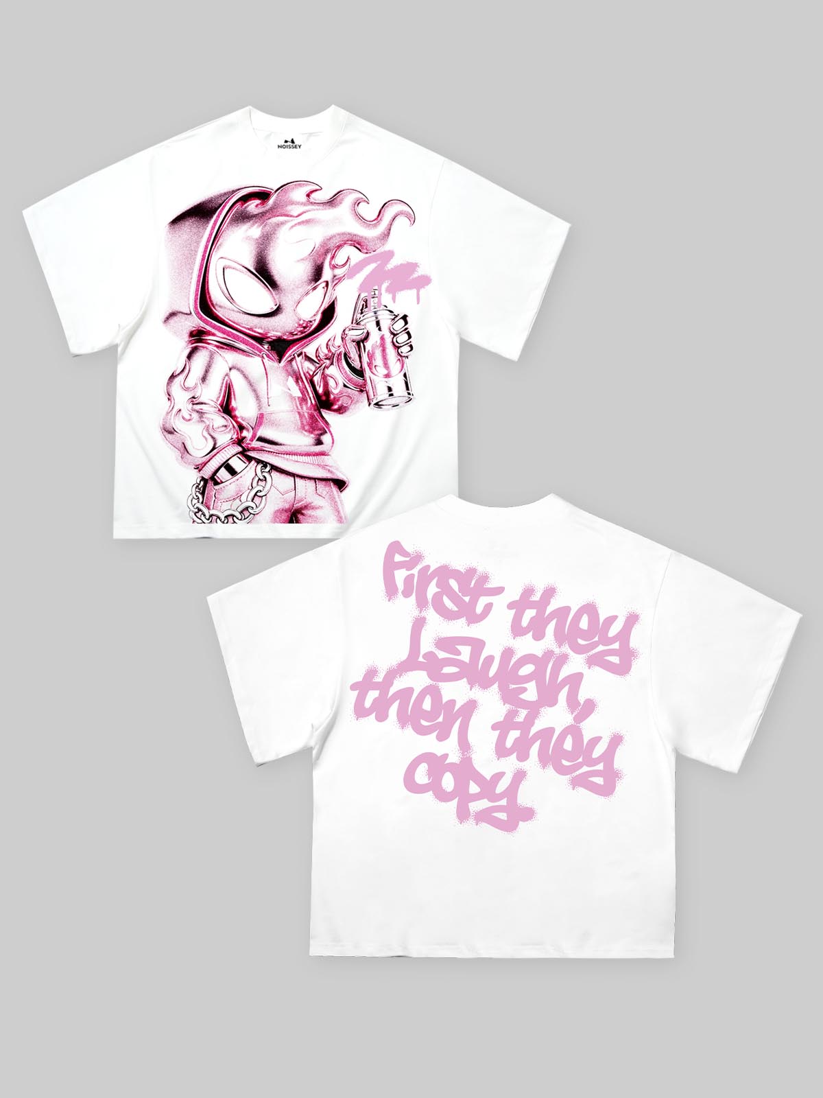 NOISSEY "Metallic Spray" Chrome Fire Man Character Boxy Tee - White