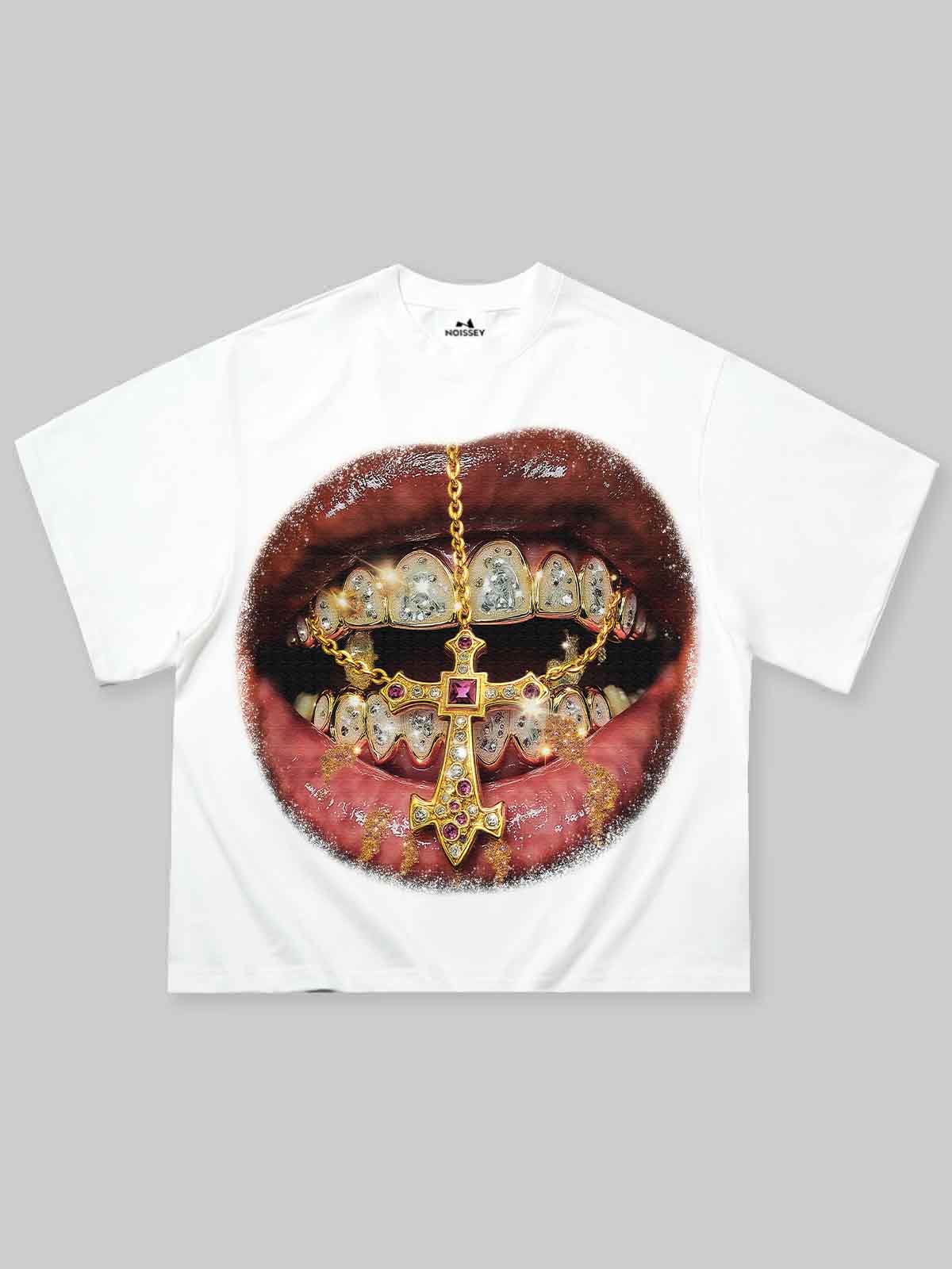 Boxy Oversized T-shirt Golden Cross Diamond Patch Grills Print