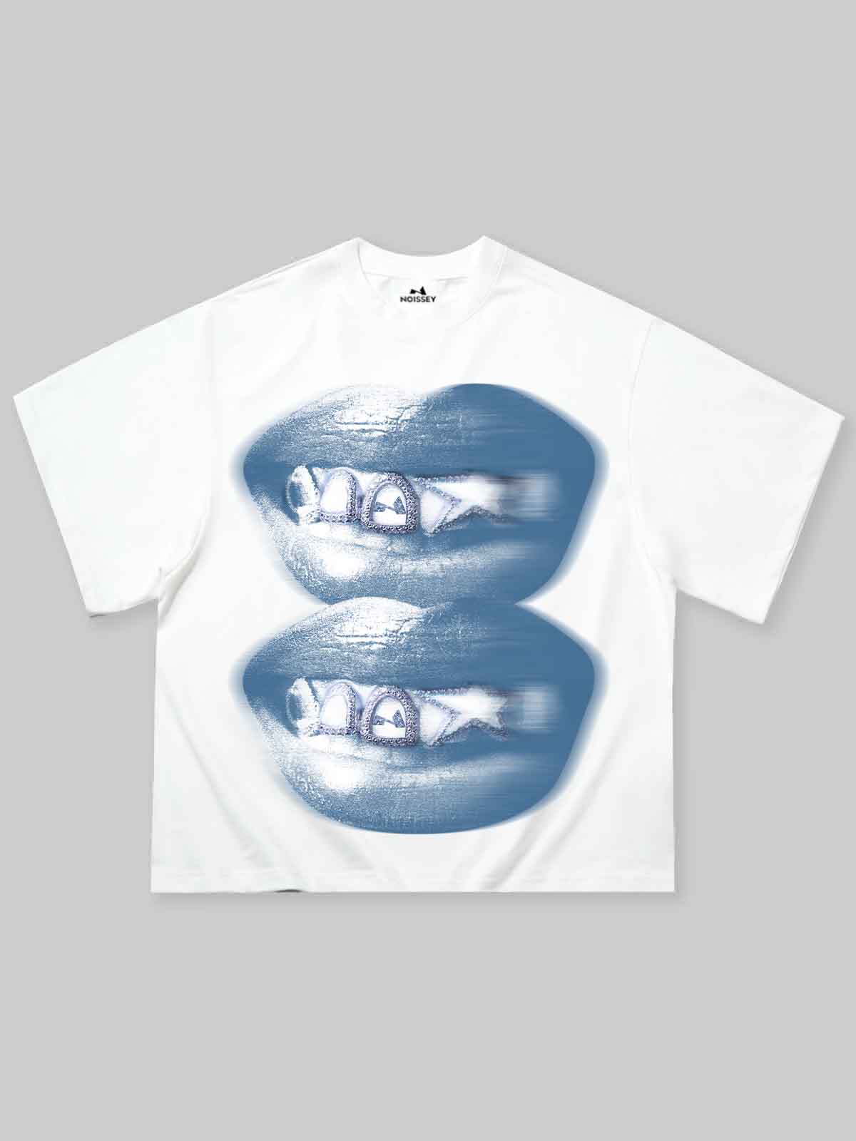 Boxy Oversized T-Shirt with Blue Illusory Noissey Grills Print