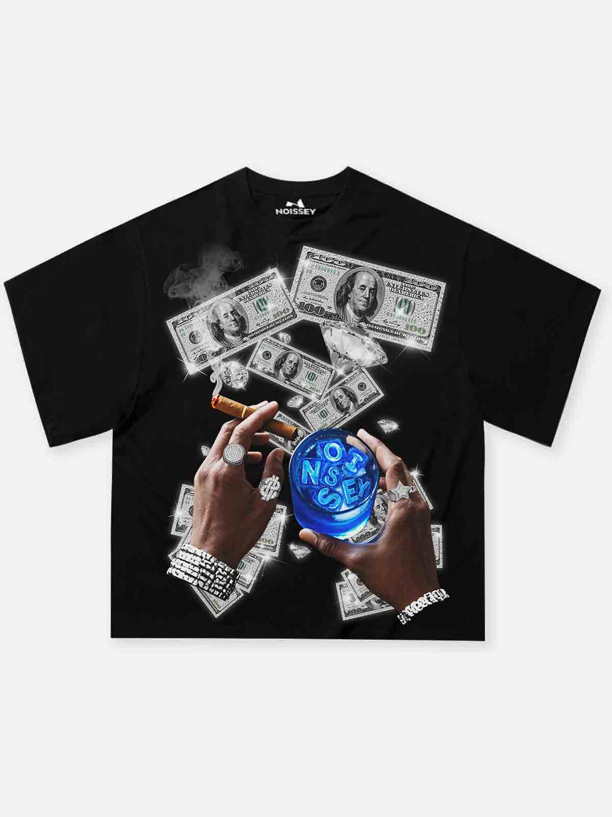 Boxy oversized T-shirt holding money and wine street print