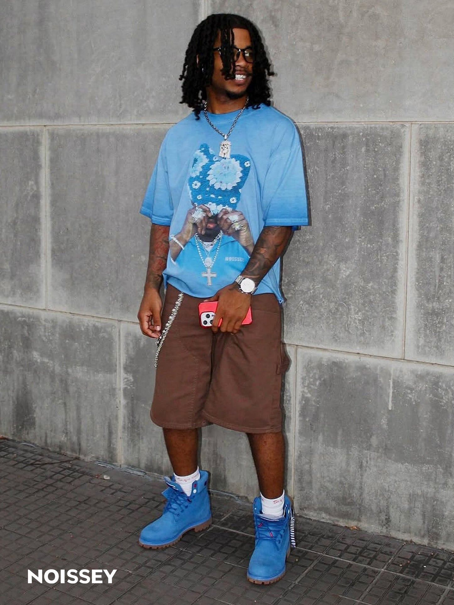 Sapphire Blue Knit Hat Wash Blue Print T-shirt