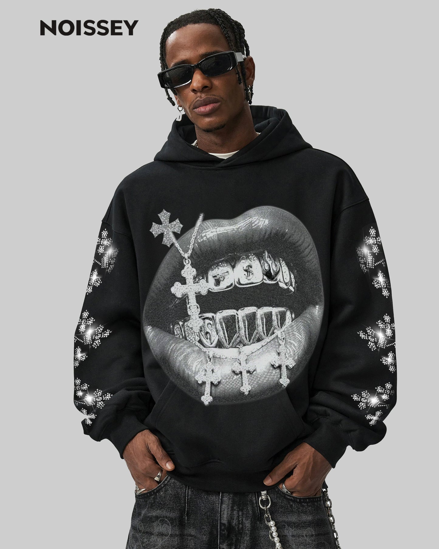 Cross Vintage Grills Black Sleeve Hot-Drill Print Hoodie