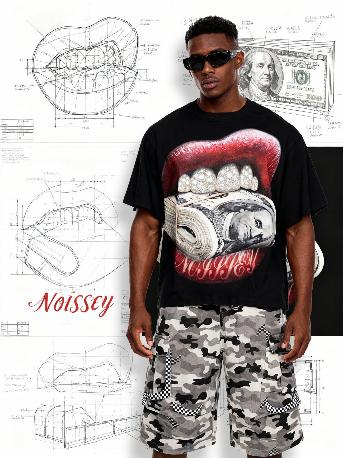 Money-Biting Lip Diamond Grills Boxy Oversized T-shirt