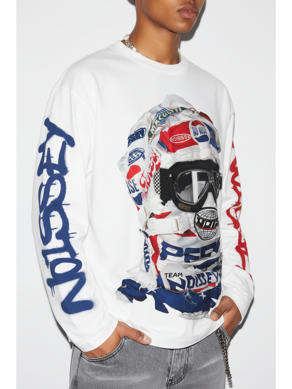 NOISSEY Speed Phantom Racing Mask Asymmetric Graffiti Long Sleeve Shirt - White