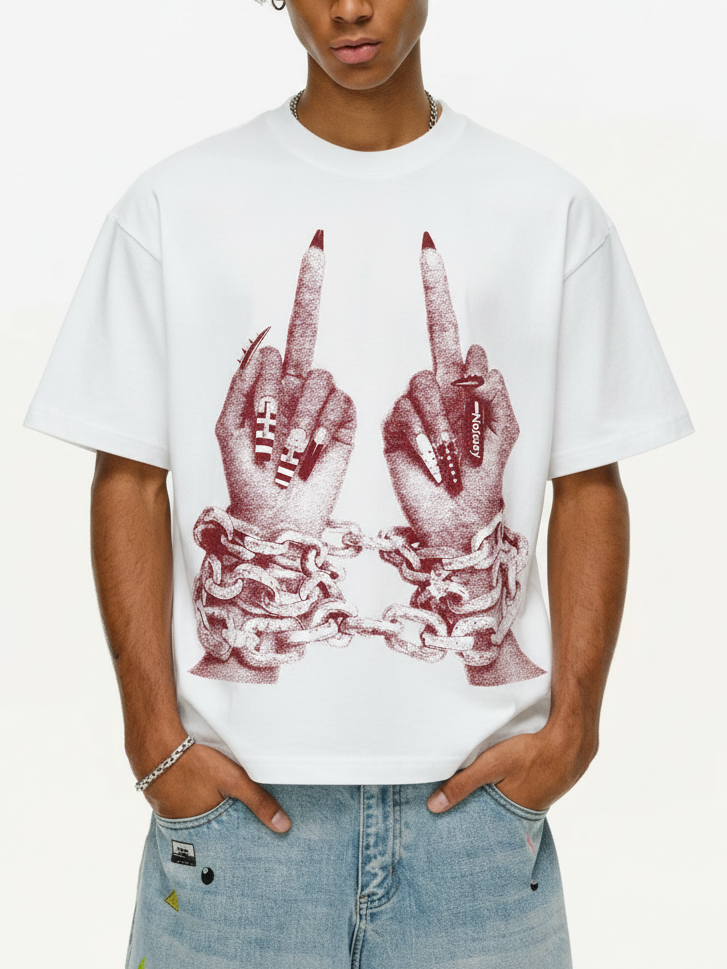 NOISSEY "Chained Rebellion" White Tee - Oversized Retro Red Graphic T-Shirt