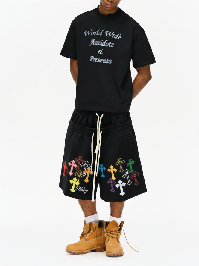 NOISSEY "Sacred Cross" Wide-Leg Vintage Wash Heavyweight Shorts - Washed Black