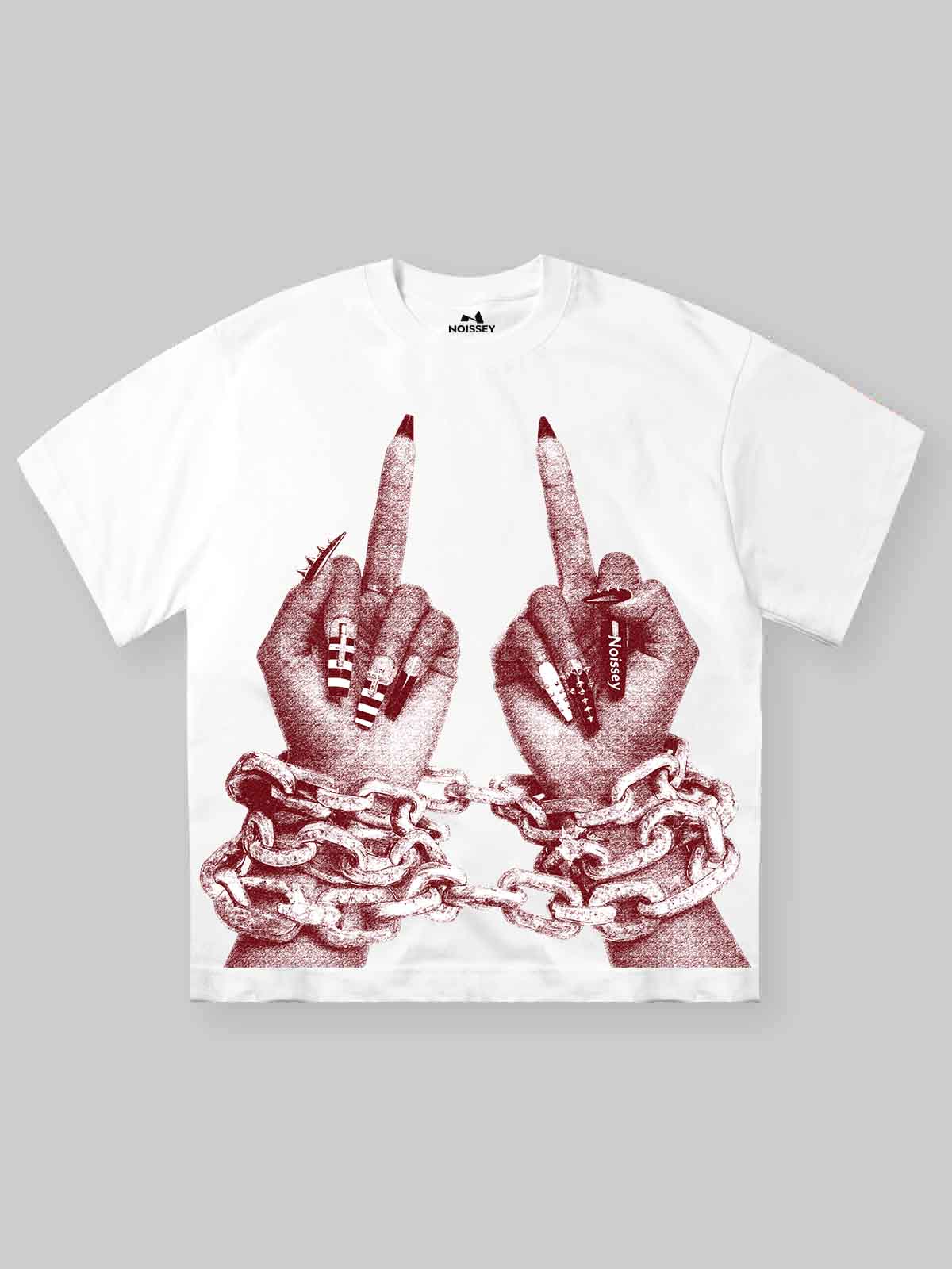 NOISSEY "Chained Rebellion" White Tee - Oversized Retro Red Graphic T-Shirt