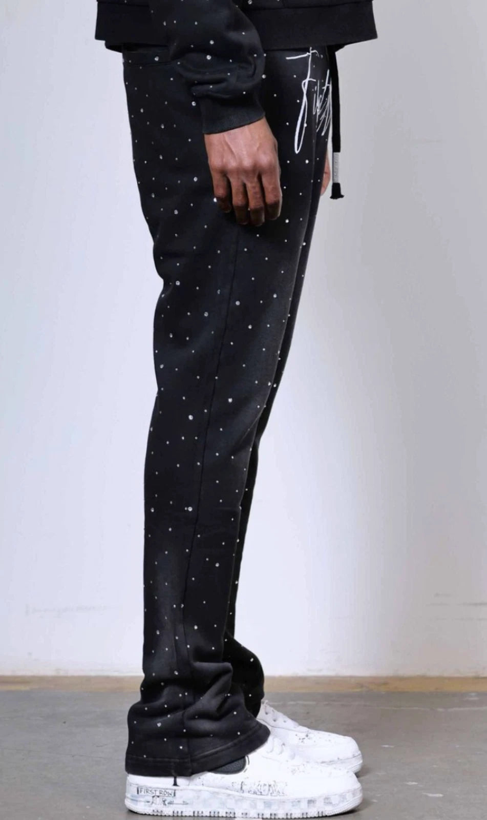 First Row Heavy Washed Stack Jogger Rhinestone “Black”
