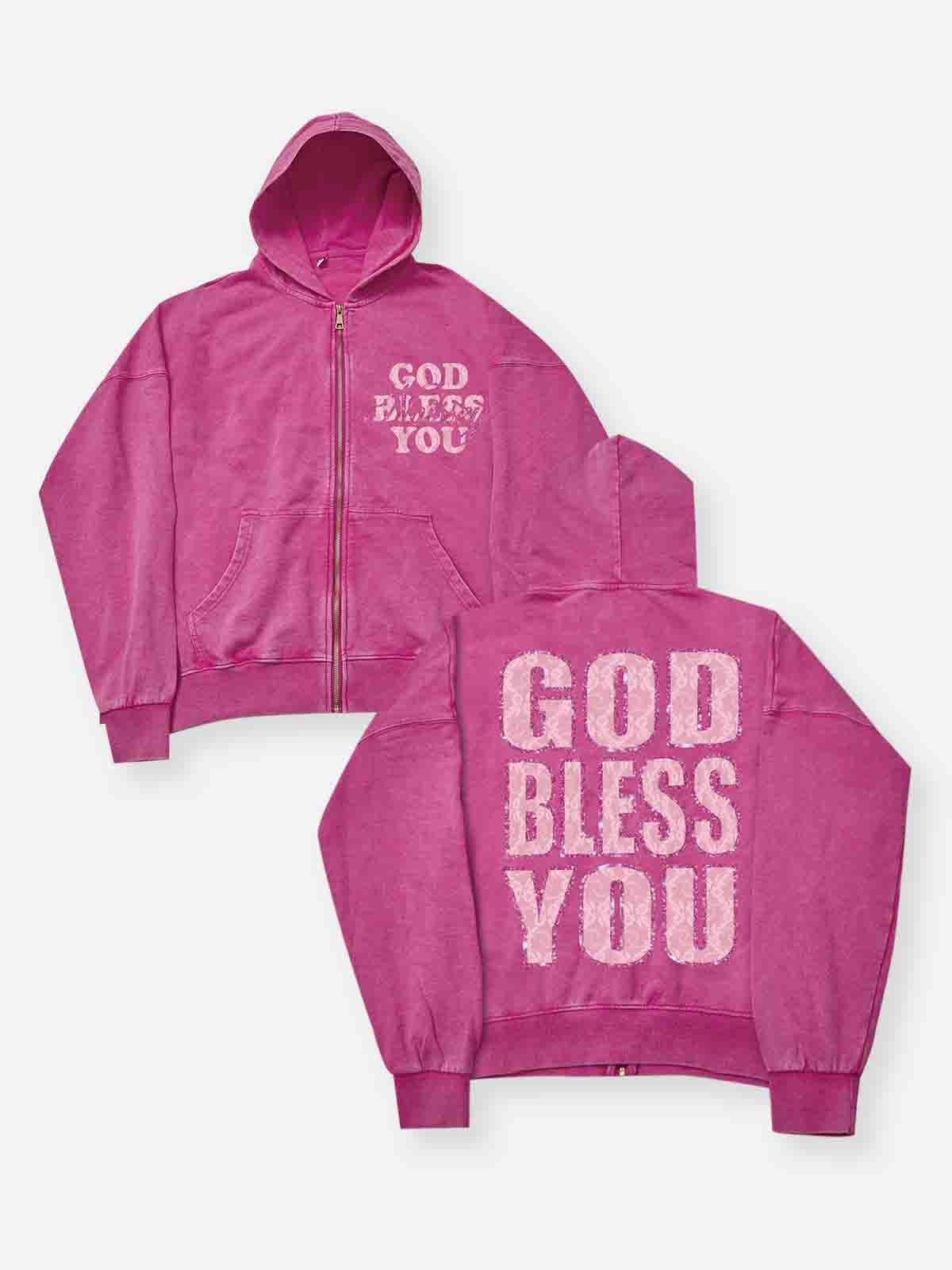 GOD BLESS YOU Bling Solgan350 Pink Wash Hoodie
