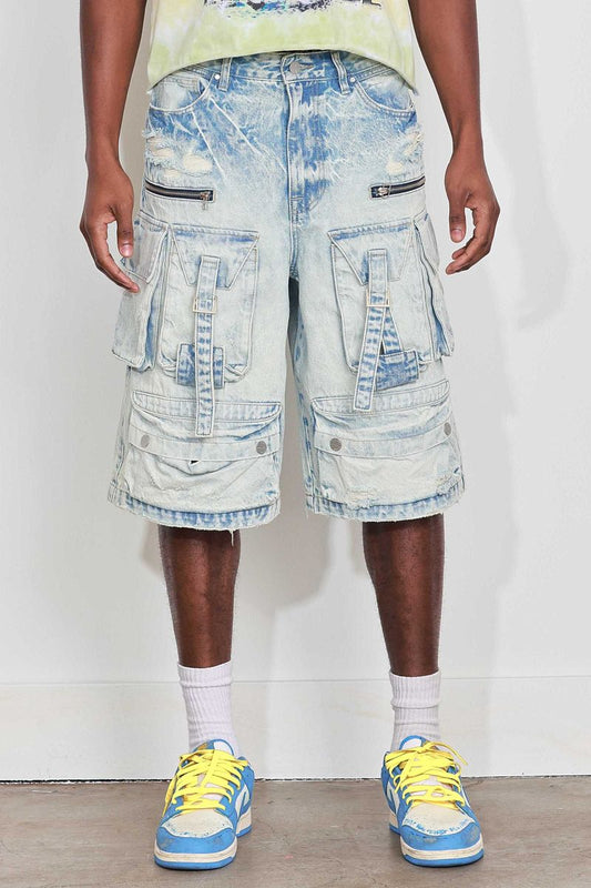 First Row WASHED MULTI CARGO DENIM JORTS