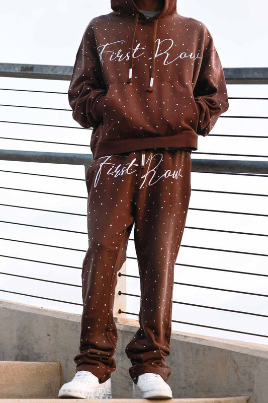 First Row Heavy Washed Stack Jogger Rhinestone “Brown”