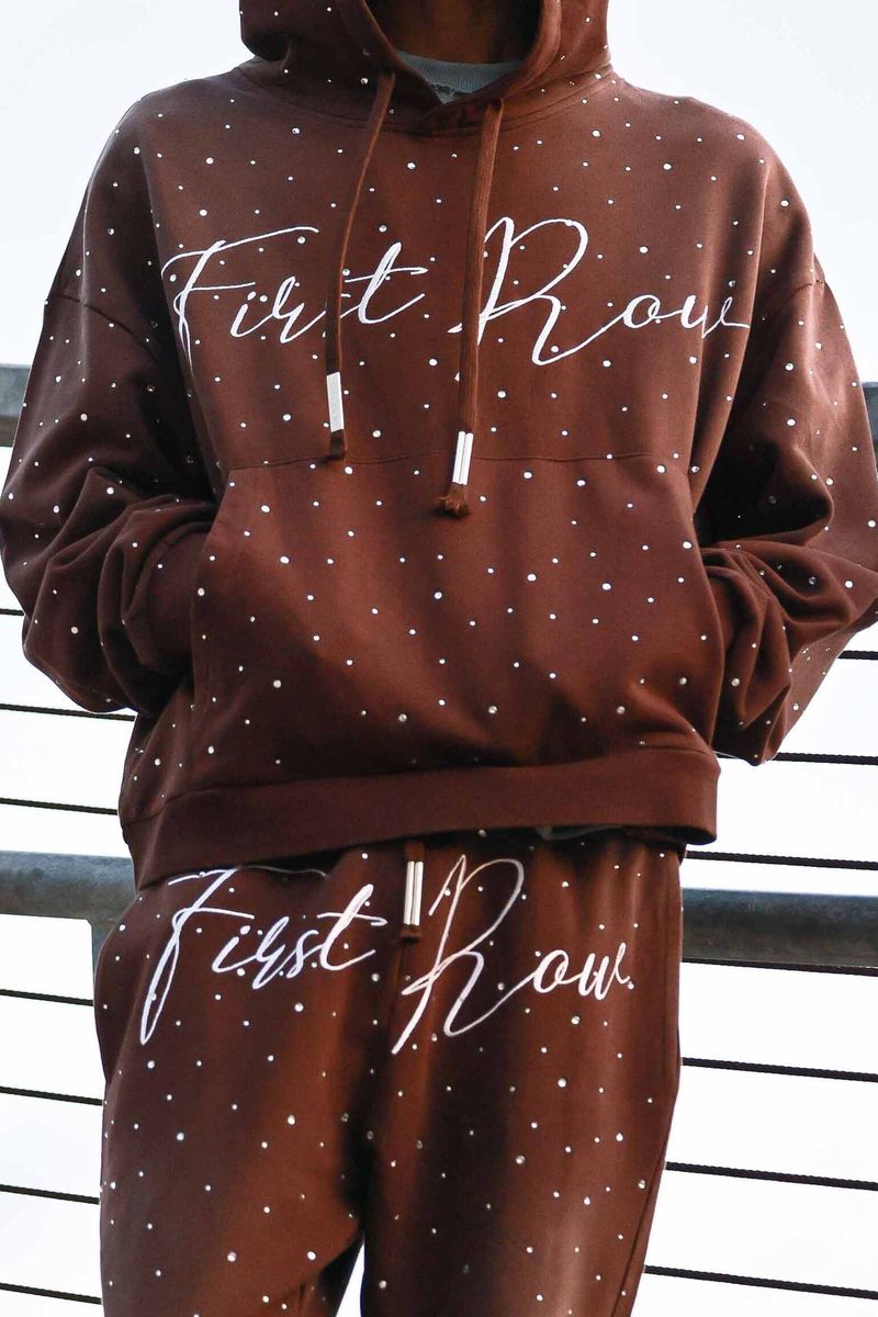 First Row Heavy Washed Cropped Rhinestone Hoodie “Brown”