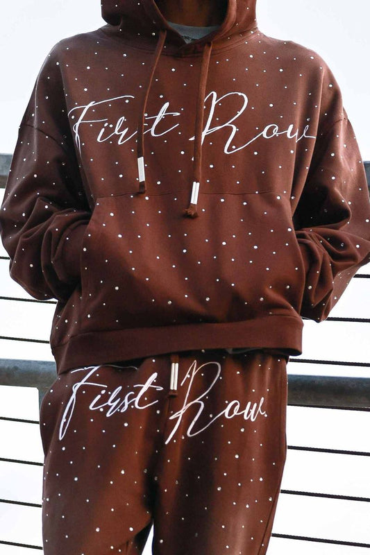 First Row Heavy Washed Cropped Rhinestone Hoodie “Brown”