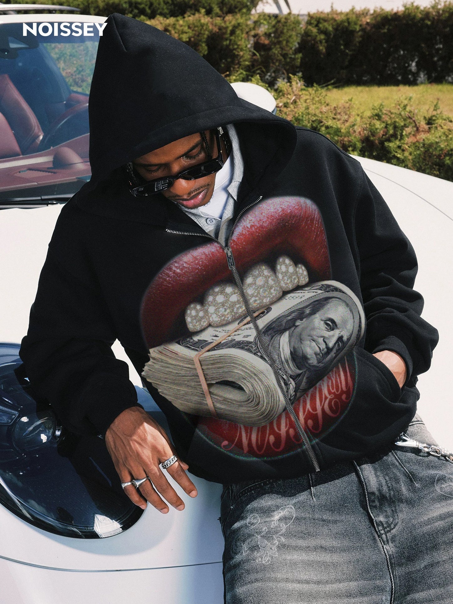 Money-Biting Lip Diamond Grills Warm Zip-Up Hoodie