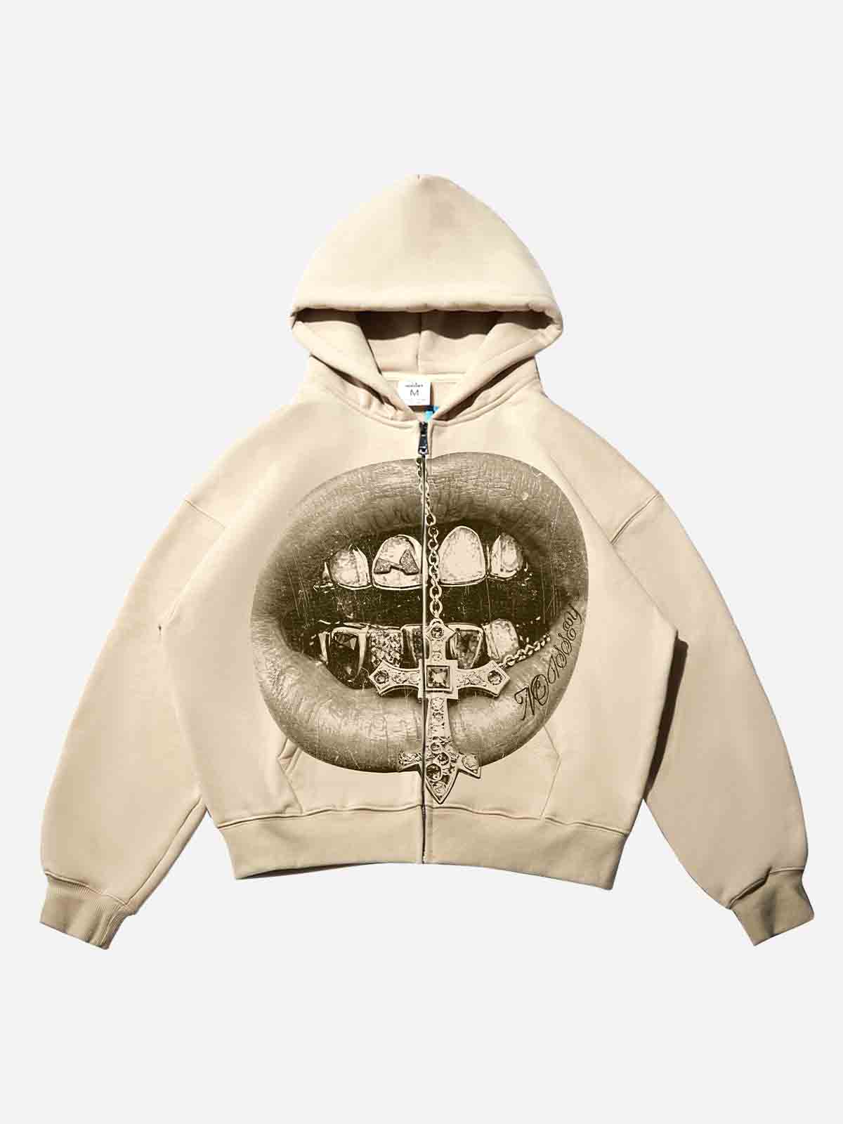 Retro Monochrome Cross Grillz Shell-colored Print Boxy Hoodie