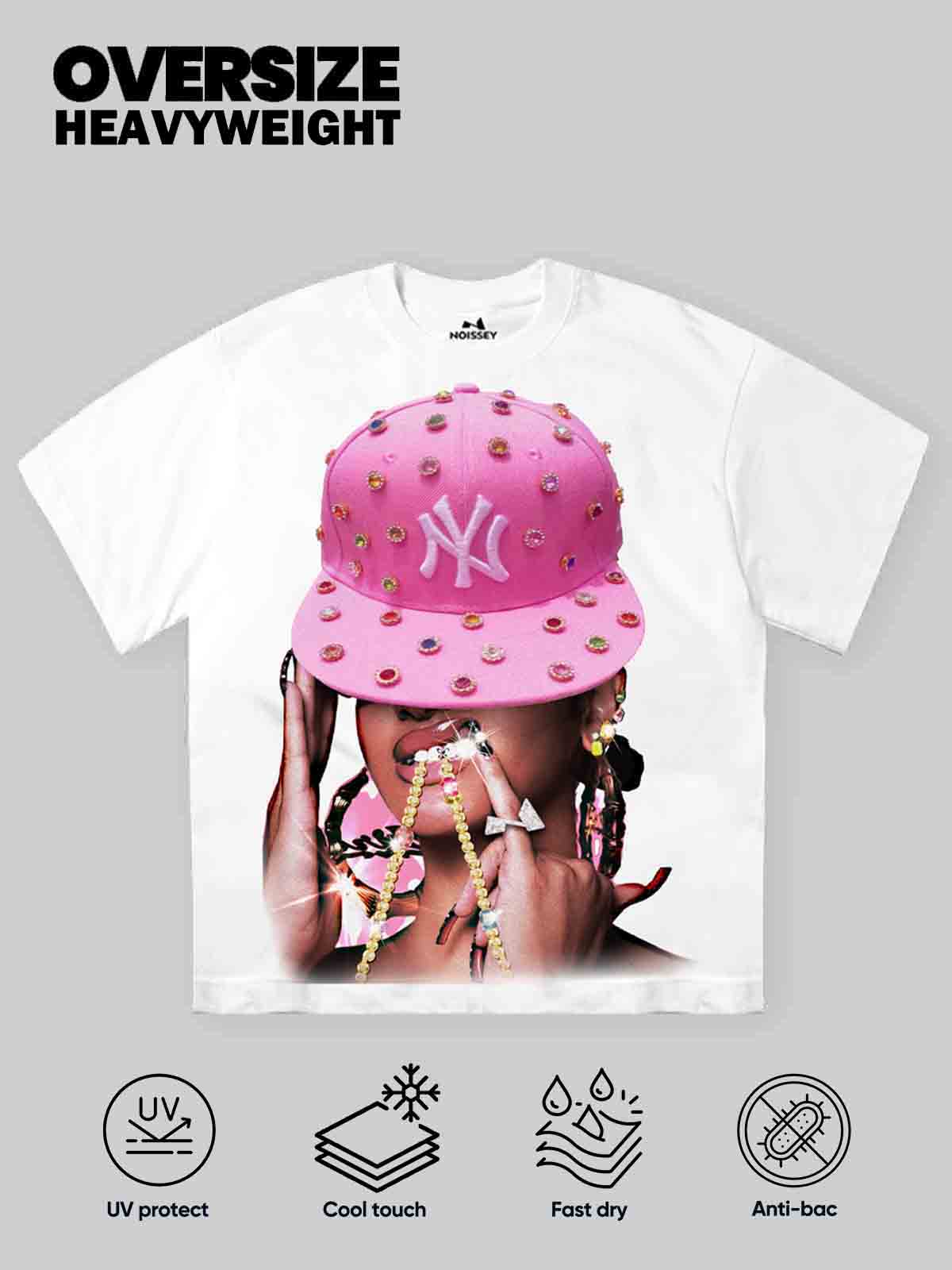 NOISSEY "Pink Diamond-Hat Girl" Character Tee - Clean White 255G Heavyweight Boxy Oversized Fit