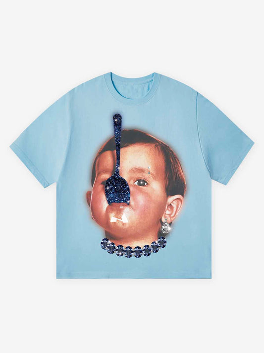 Funny spoon-covered face boy printed T-shirt