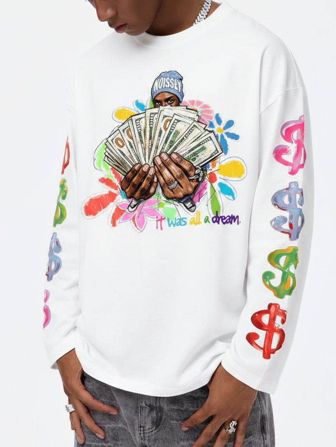 NOISSEY "It Was All A Dream" Hand-Drawn Cash Portrait & Graffiti Flowers Long Sleeve Tee Two Colors