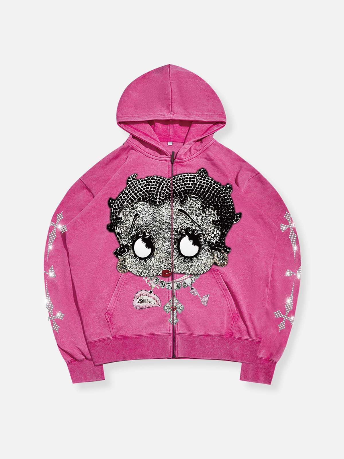 Black & White Diamond Cartoon girl 370g Pink Washed zip-up hoodie