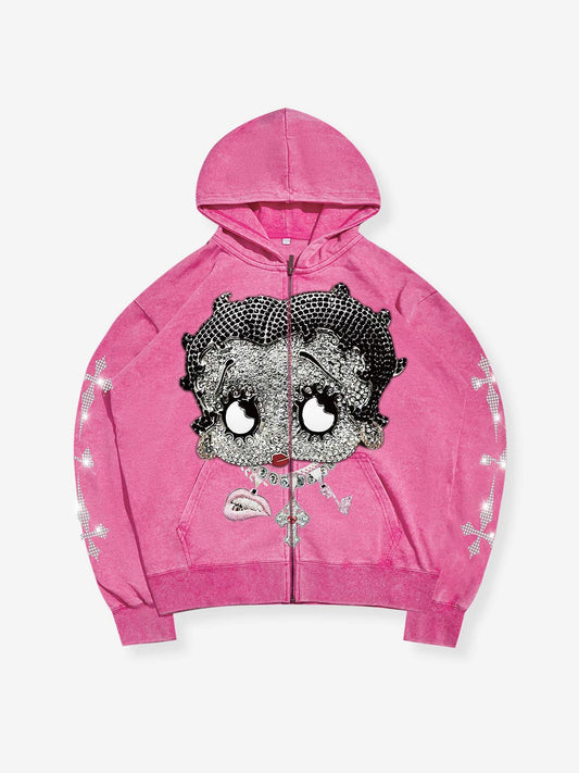 Black & White Diamond Cartoon girl 370g Pink Washed zip-up hoodie