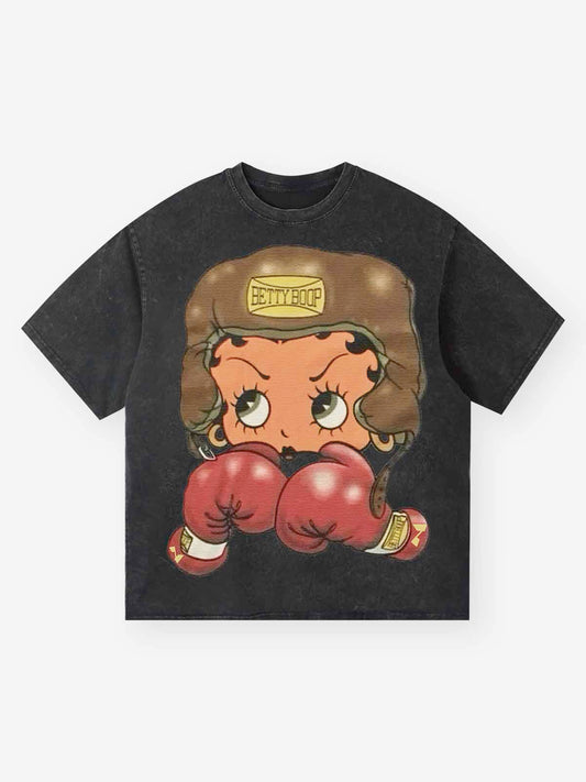 Cartoon girl Boxing Print Washed T-shirt