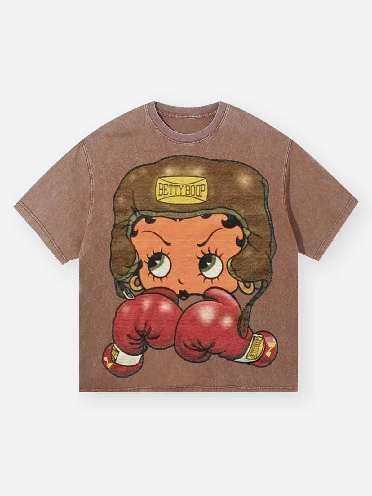 Cartoon girl Boxing Print Washed T-shirt