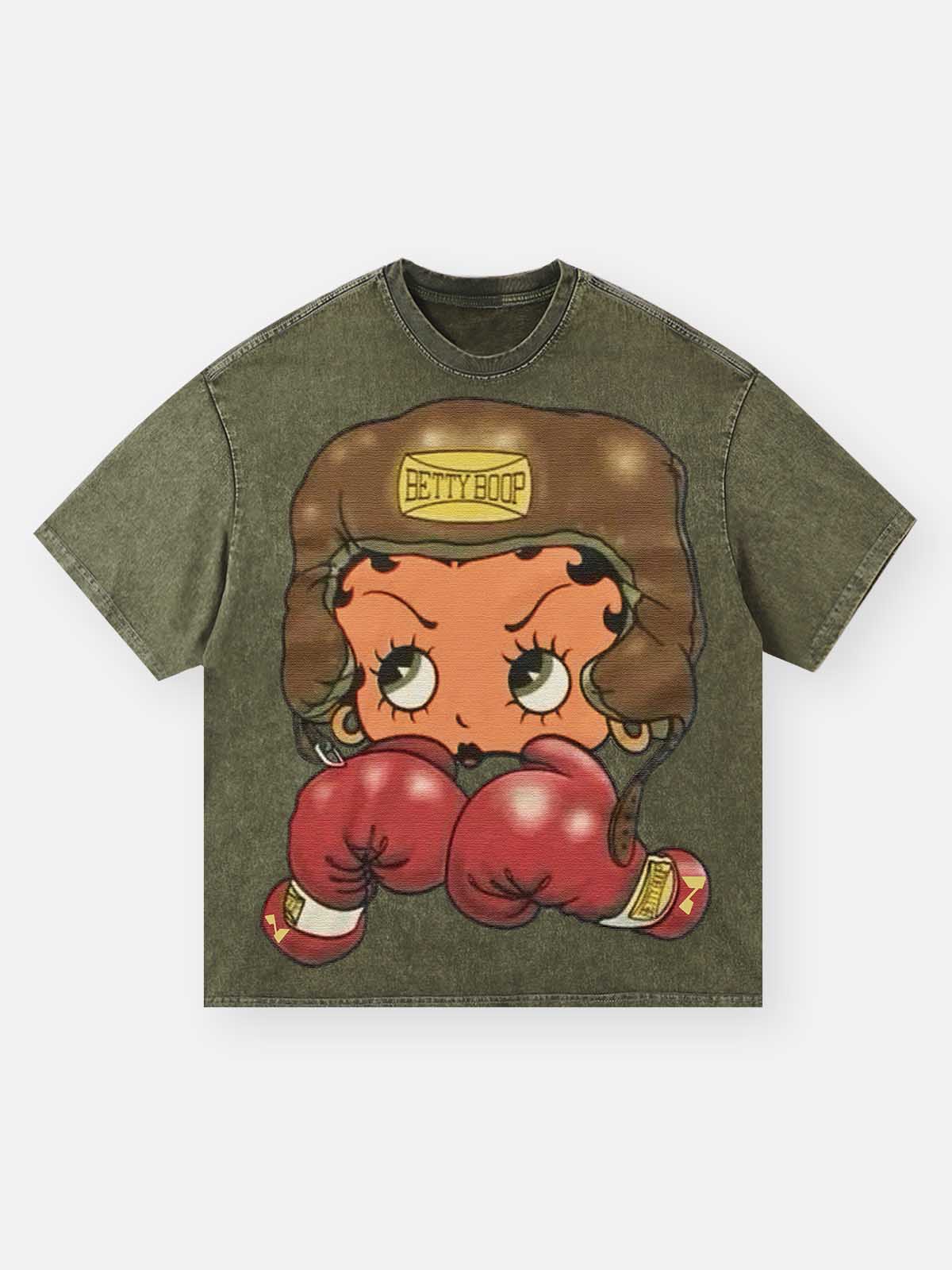 Cartoon girl Boxing Print Washed T-shirt