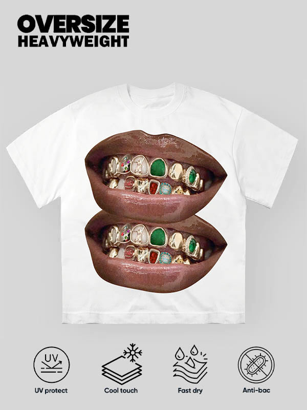 Gold & Jade Unique Grills Lip Print white&black T-Shirt