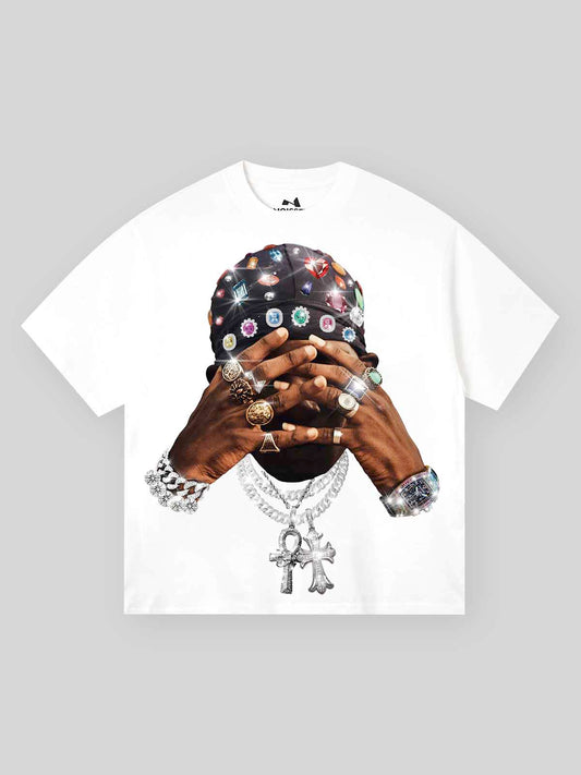 Hip-Hop Diamond Hand Rich Figure Print T-shirt