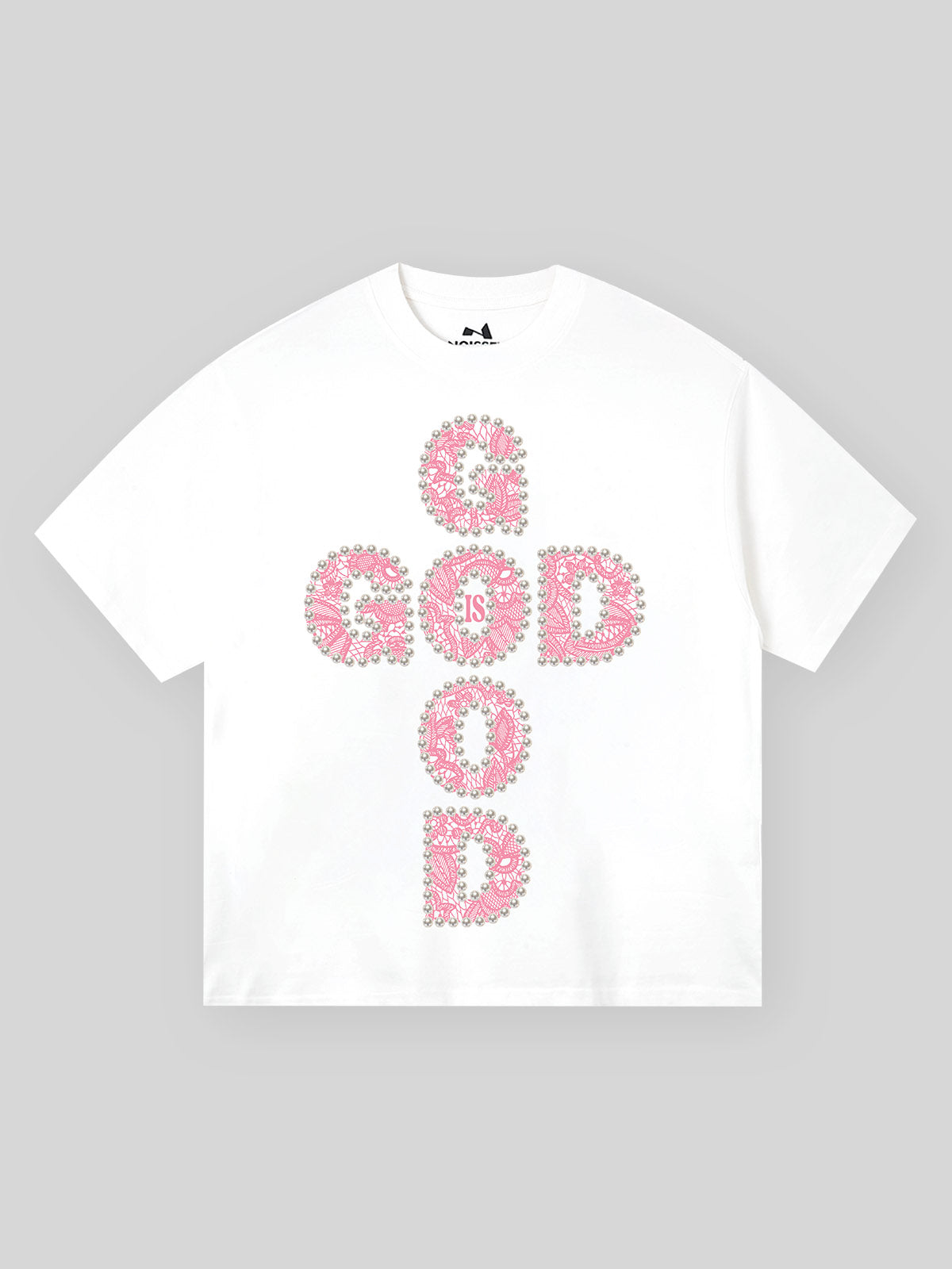 GOD IS GOOD! Lace Pearl Edge Printed T-shirt