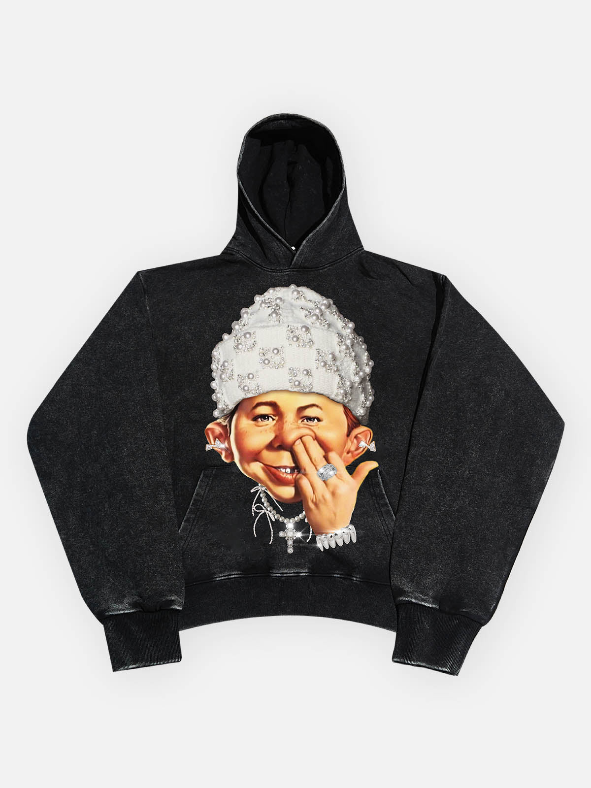 High-Quality Bad Boy Printed 425g Hoodie with Headband Pearl Hat Design