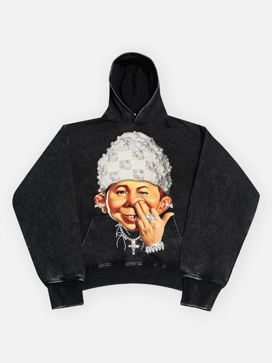 High-Quality Bad Boy Printed 425g Hoodie with Headband Pearl Hat Design